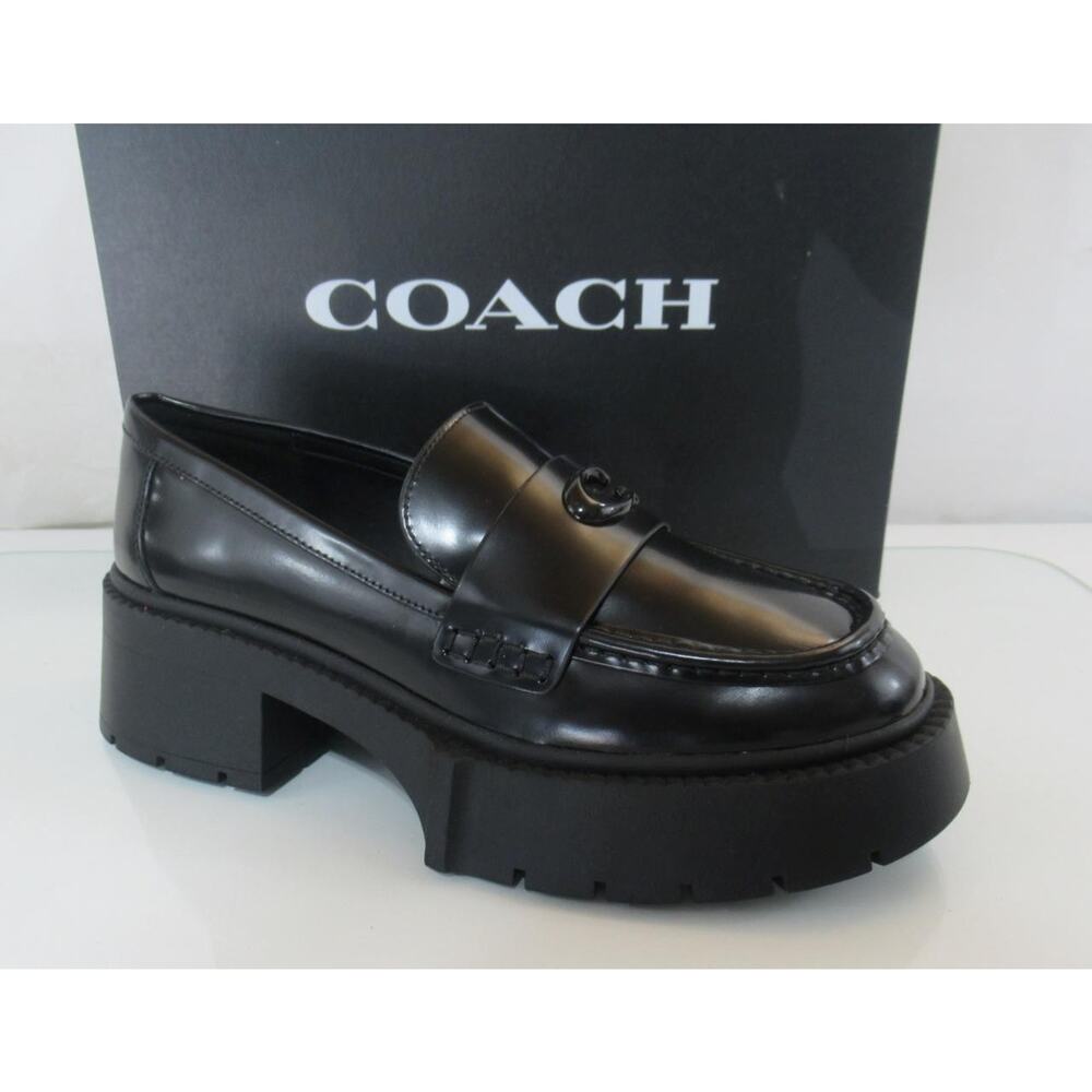 Women's Coach Leah Platform Leather Lug Sole Loafers C Logo Black Size 7.5